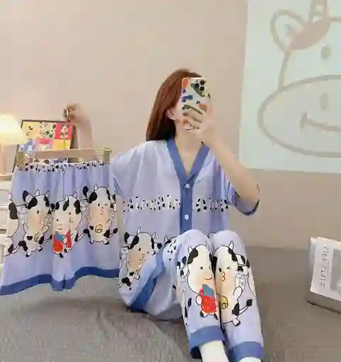 Pijama Tres Piezas Vaca Talla Única (camisa Botón + Pantalón + Short)