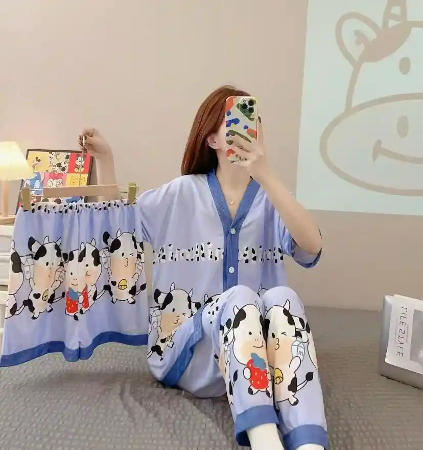 Pijama Tres Piezas Vaca Talla Única (camisa Botón + Pantalón + Short)