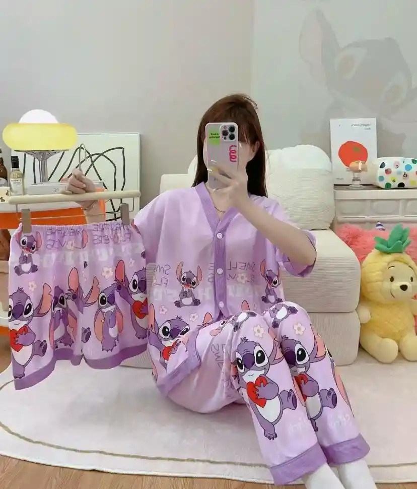 Pijama Tres Piezas Stitch Talla Única (camisa Botón + Pantalón + Short)