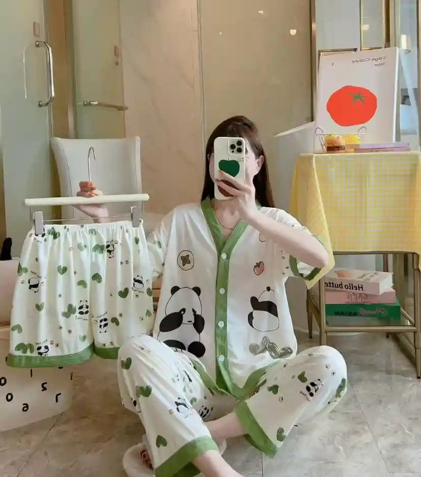 Pijama Tres Piezas Oso Panda Talla Única (camisa Botón + Pantalón + Short)