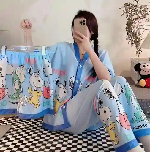 Pijama Tres Piezas Snoopy Talla Única (camisa Botón + Pantalón + Short)