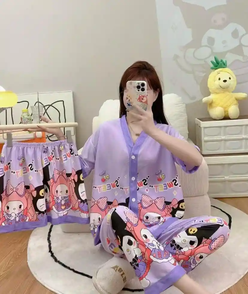 Pijama Tres Piezas Kuromi Y My Melody Talla Única (camisa Botón + Pantalón + Short)