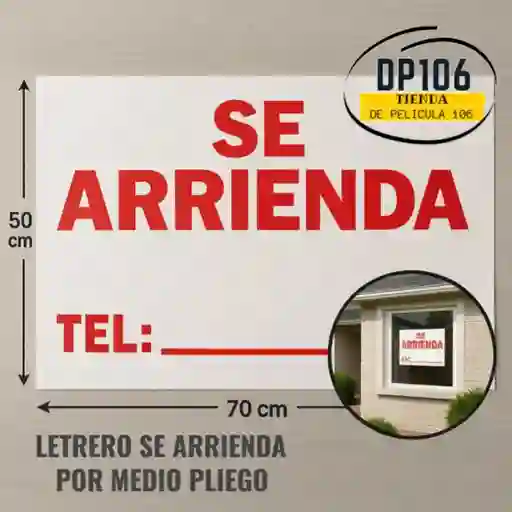 Aviso De Se Arrienda Tamaño Medio Pliego (70 X 50 Cm) 1/2 Pliego