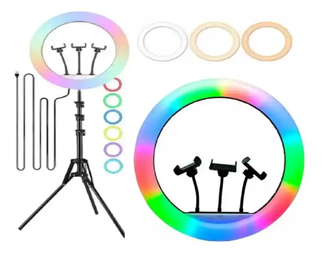 Aro De Luz 56cm Luces Rgb + Calidas, Incluye Tripode