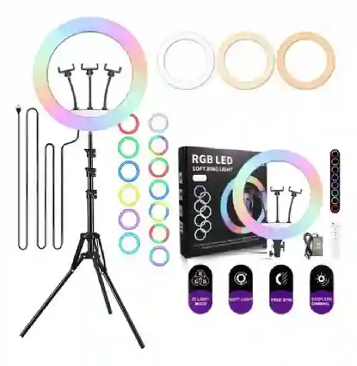Aro De Luz 56cm Luces Rgb + Calidas, Incluye Tripode