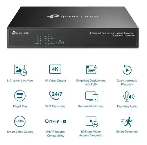 Nvr Tp-link Vigi Nvr1004h 4 Canales Poe+ Grabacion 4k Hdmi