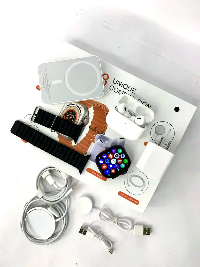 Combo Smart Watch X8 Con Power Bank, Cargador, Audifonos Inalambricos, Cargador Magnetico, Y Smart Watch Ultra 2