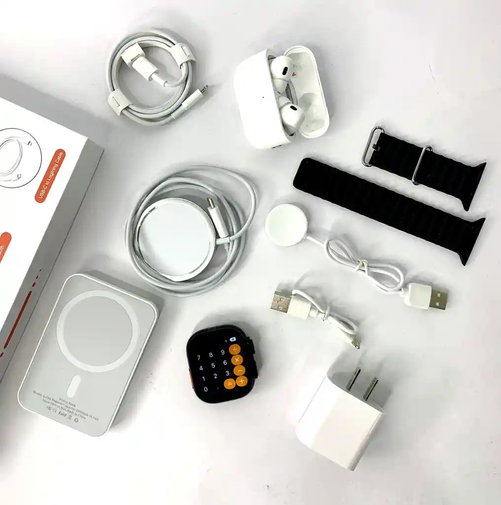 Combo Smart Watch X8 Con Power Bank, Cargador, Audifonos Inalambricos, Cargador Magnetico, Y Smart Watch Ultra 2