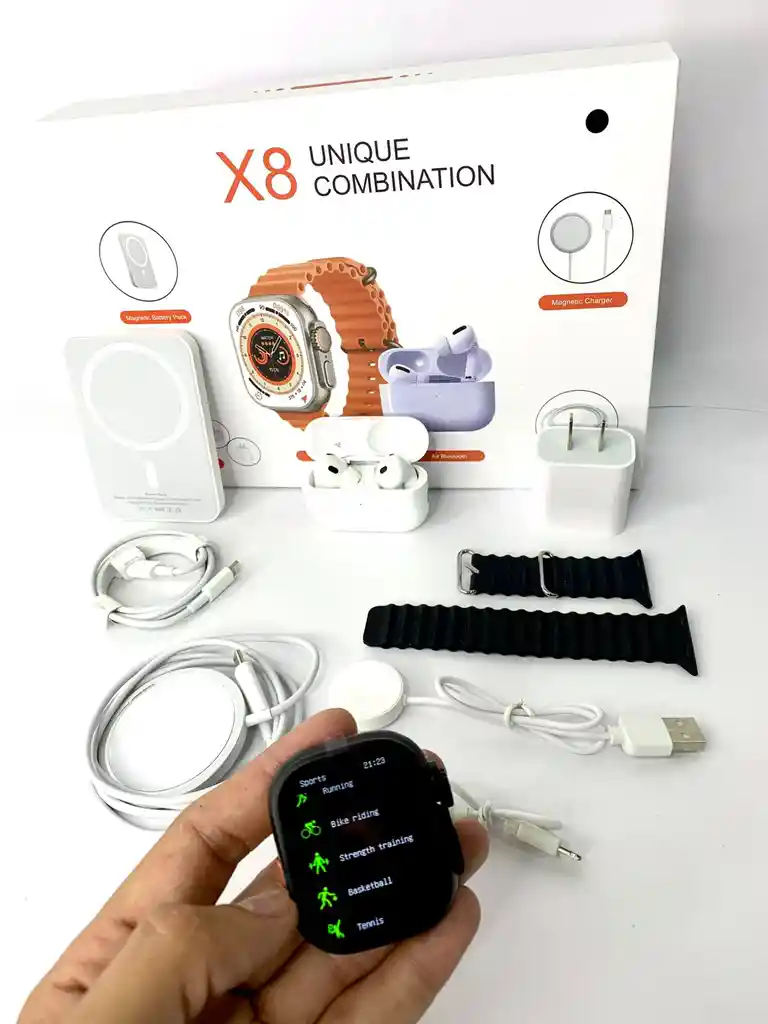 Combo Smart Watch X8 Con Power Bank, Cargador, Audifonos Inalambricos, Cargador Magnetico, Y Smart Watch Ultra 2