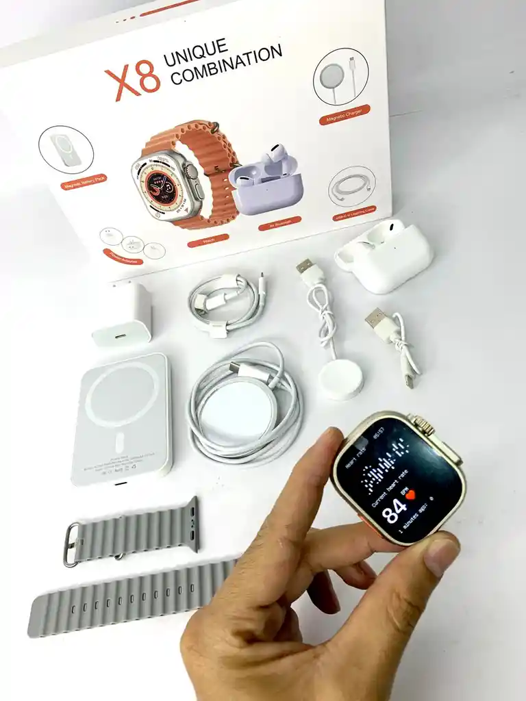 Combo Smart Watch X8 Gris Con Power Bank, Cargador, Cargador Magentico, Audifonos Inalambricos Y Smart Watch Ultra 2