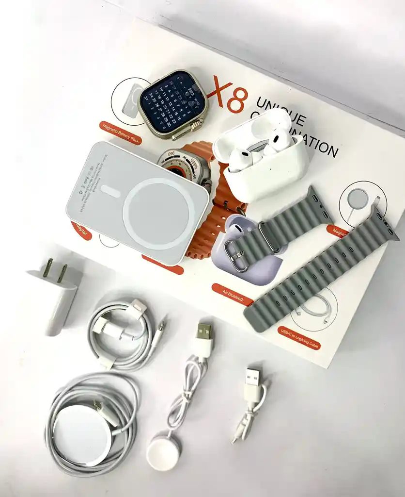 Combo Smart Watch X8 Gris Con Power Bank, Cargador, Cargador Magentico, Audifonos Inalambricos Y Smart Watch Ultra 2