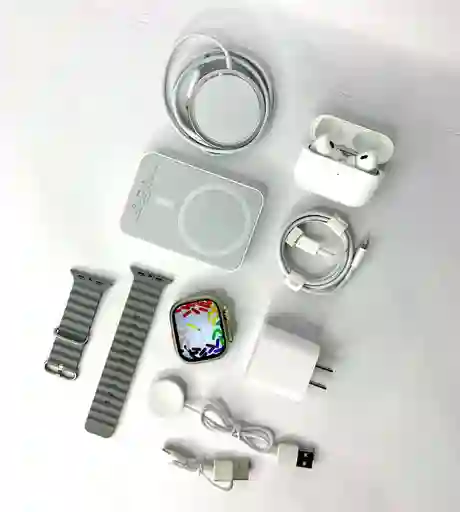 Combo Smart Watch X8 Gris Con Power Bank, Cargador, Cargador Magentico, Audifonos Inalambricos Y Smart Watch Ultra 2