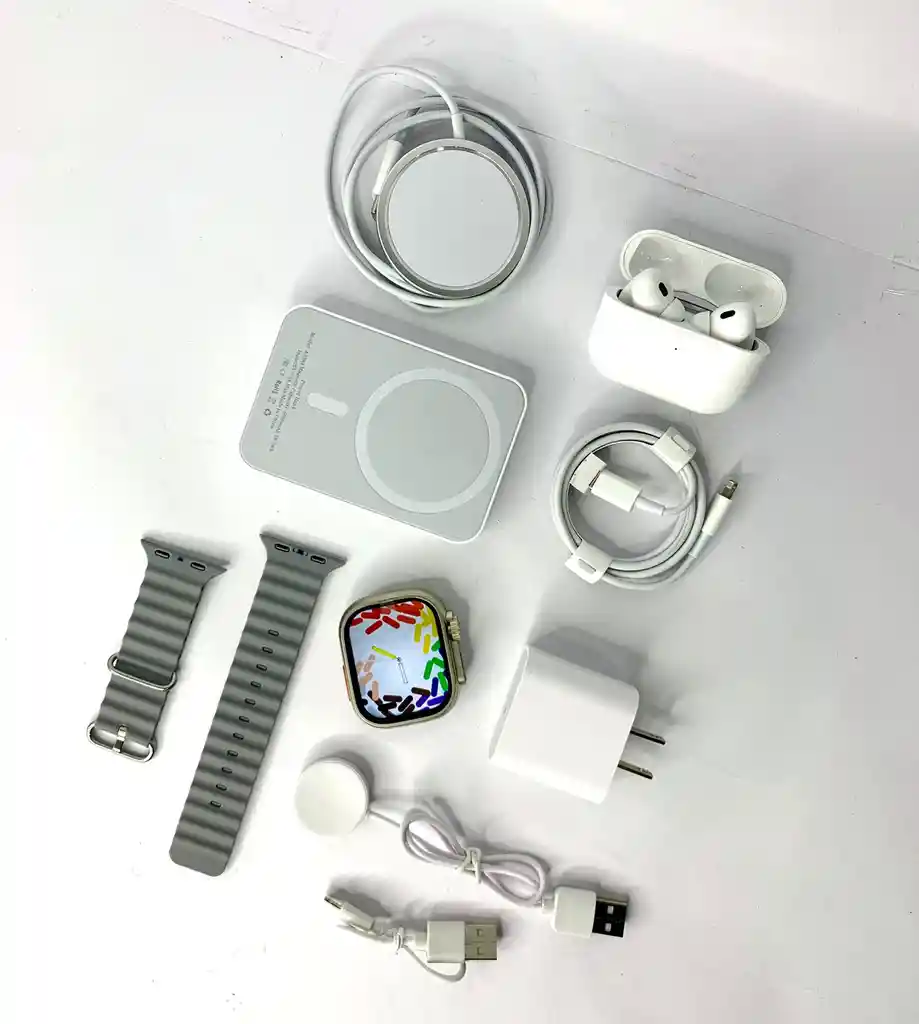 Combo Smart Watch X8 Gris Con Power Bank, Cargador, Cargador Magentico, Audifonos Inalambricos Y Smart Watch Ultra 2