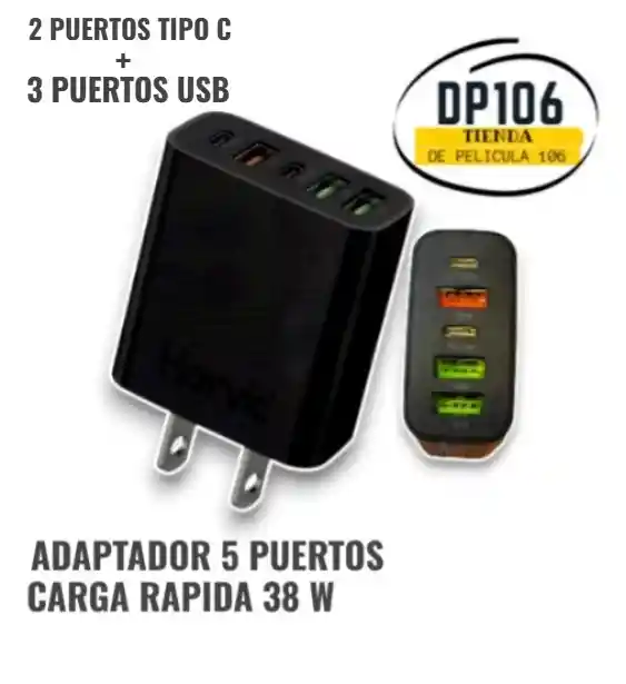 Adaptador De Carga Rápida / Marranita – 5 Puertos (38w)