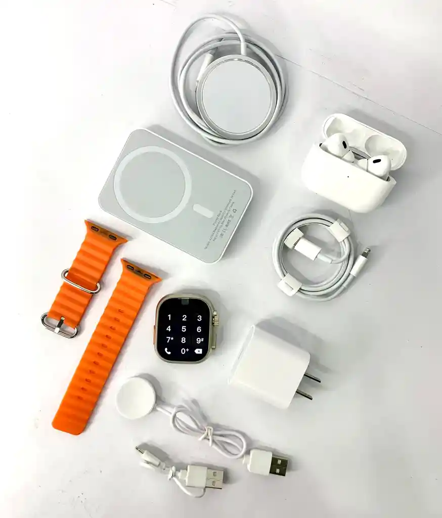 Combo Smart Watch X8 Naranja Con Power Bank, Cargador, Cargador Magnético, Audífonos Inalámbrico Y Smart Watch Ultra 2s