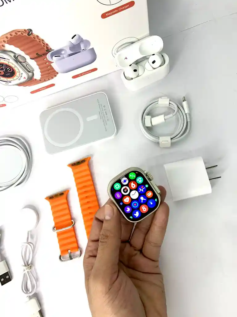 Combo Smart Watch X8 Naranja Con Power Bank, Cargador, Cargador Magnético, Audífonos Inalámbrico Y Smart Watch Ultra 2s