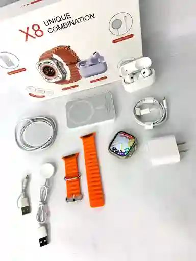 Combo Smart Watch X8 Naranja Con Power Bank, Cargador, Cargador Magnético, Audífonos Inalámbrico Y Smart Watch Ultra 2s