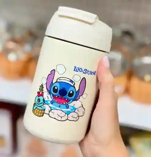 Termo Stitch Kawaii De Seguridad Con Pitillo Color Crema Lilo Y Stitch