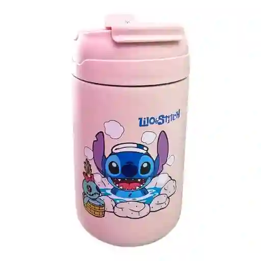 Termo Stitch Kawaii De Seguridad Con Pitillo Color Rosado Lilo Y Stitch