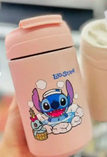Termo Stitch Kawaii De Seguridad Con Pitillo Color Rosado Lilo Y Stitch