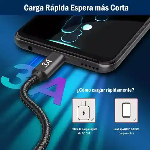Cable Nylon Reforzado Tipo C Cable Carga Rápida 3a 1m Cab262 Color Negro