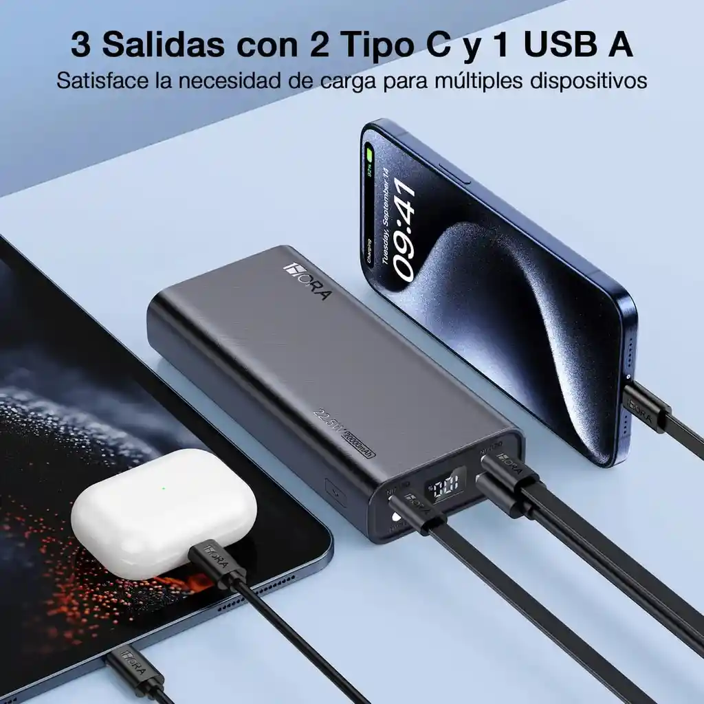 Power Bank Batería Portátil 20000mah Pd 22.5w Carga Rápida 1hora Gar158 Con 1 Puerto Salida Usb 2 Puertos Entrada Salida Tipo C Con Linterna Incorporado De Luz Fuerte