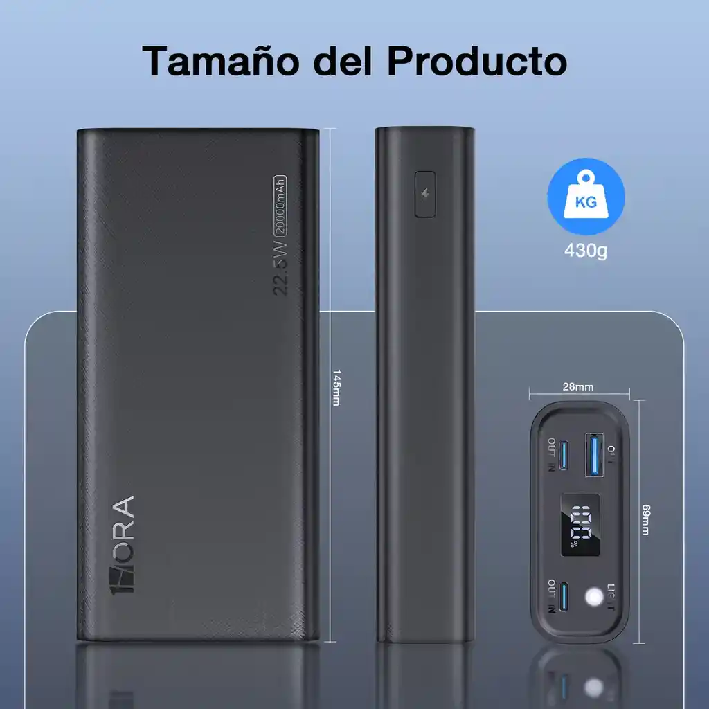Power Bank Batería Portátil 20000mah Pd 22.5w Carga Rápida 1hora Gar158 Con 1 Puerto Salida Usb 2 Puertos Entrada Salida Tipo C Con Linterna Incorporado De Luz Fuerte
