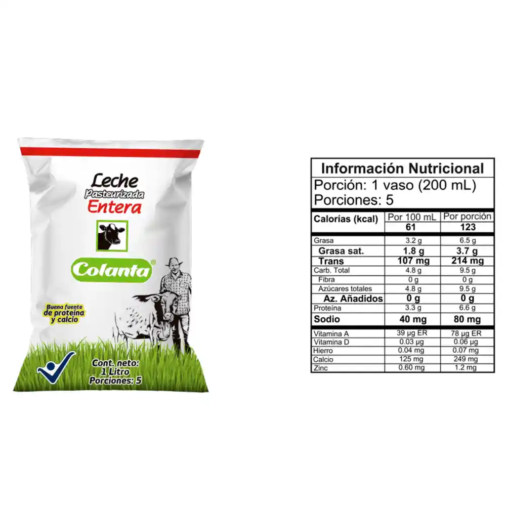 Leche Pasteurizada Entera Colanta Bolsa X 1000 Ml