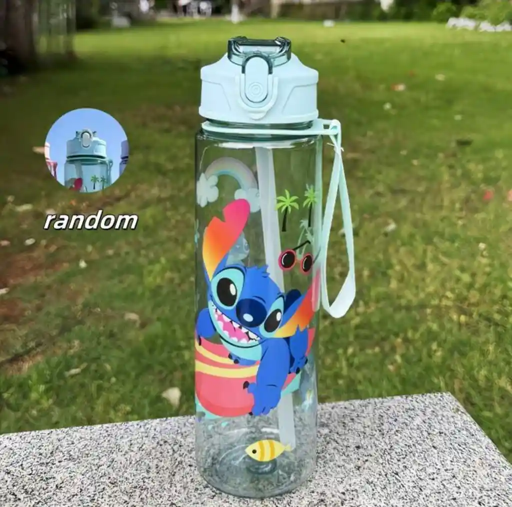 Lindo Termo Stitch Azul Botella Cierre De Seguridad Con Pitillo Lilo Y Stitch