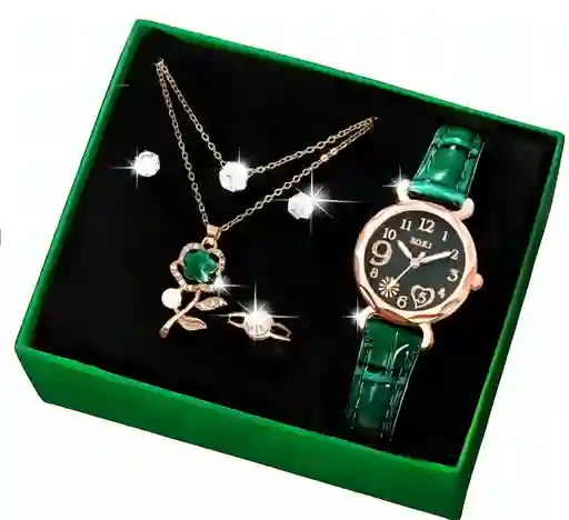 Kit Reloj Para Mujer Mariposa Verde + Collar Aretes Senc
