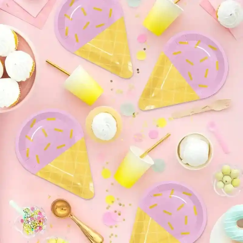 10 Platos Torta10 Vasos Desechables Fiesta Cono Helado Dulce