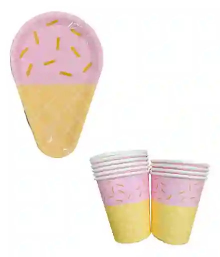 10 Platos Torta10 Vasos Desechables Fiesta Cono Helado Dulce