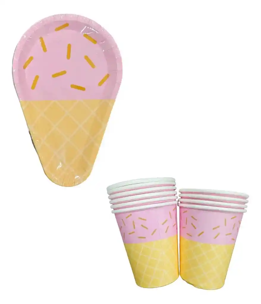 10 Platos Torta10 Vasos Desechables Fiesta Cono Helado Dulce