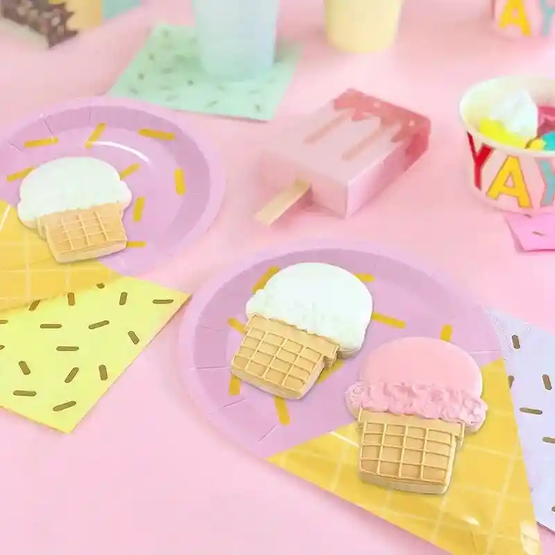 10 Platos Torta10 Vasos Desechables Fiesta Cono Helado Dulce
