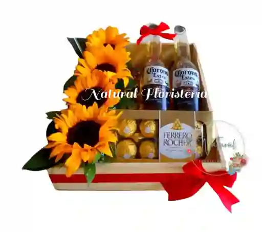 Caja De Girasoles Con Chocolates Y Cerveza