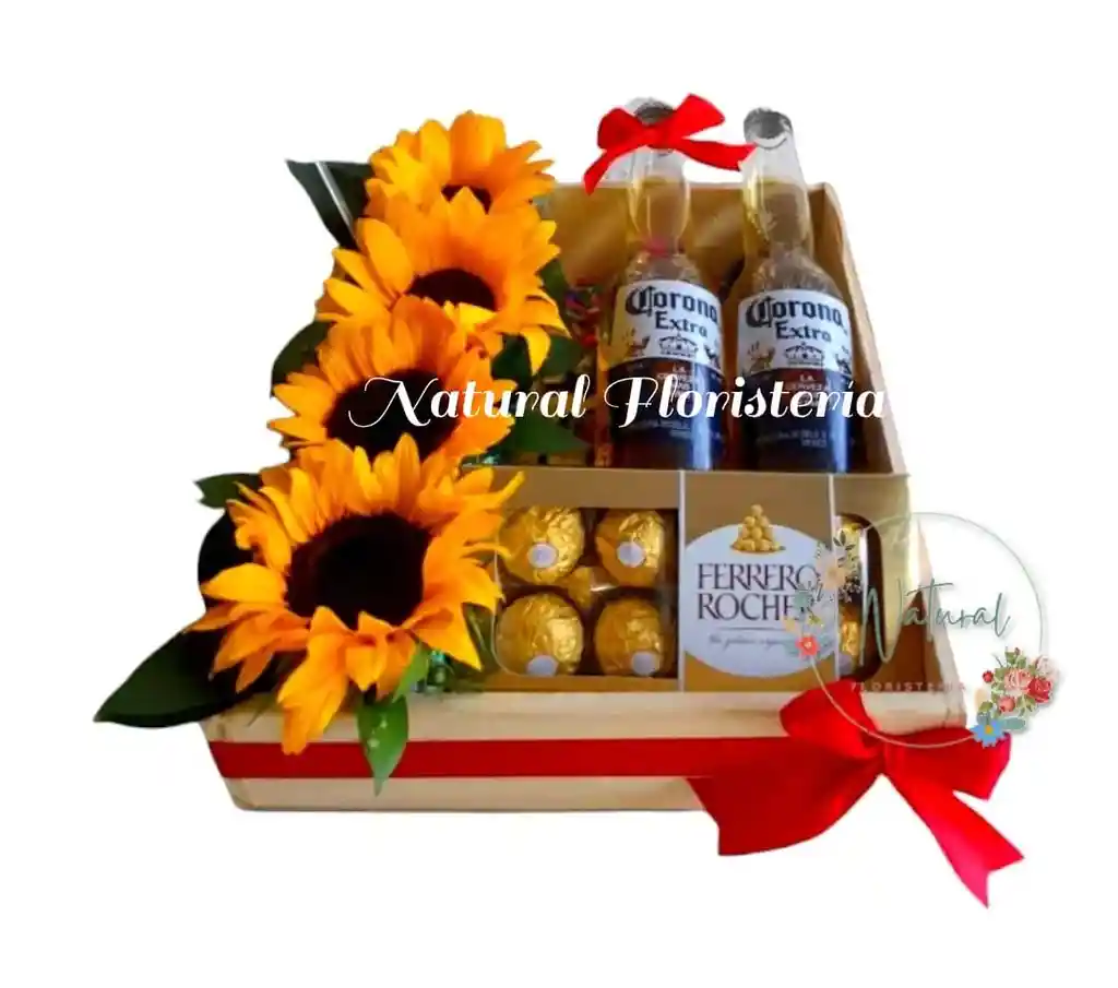 Caja De Girasoles Con Chocolates Y Cerveza