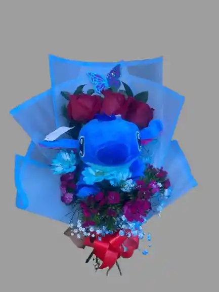 🌹💙 Bouquet De 3 Rosas + Peluche Stitch 💙🌹