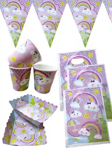 Kit Fiesta Plato Vasos Arcoiris Nubes Decoracion Cumpleaños