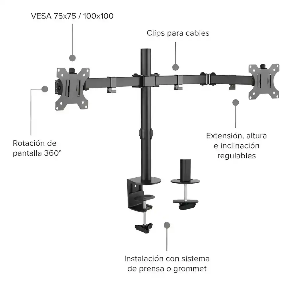 Soporte Doble De Monitor / Montaje Facil En Escritorio / De 13" A 27" Vesa
