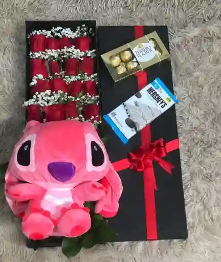 Caja Rectangular Con Rosas, Chocolates Y Peluche