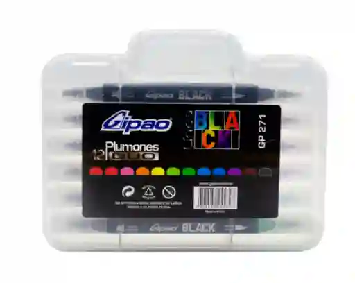 Plumon Gipao Black X12 Doble Punta Pincel Y Punta Bicelada (gp-271)