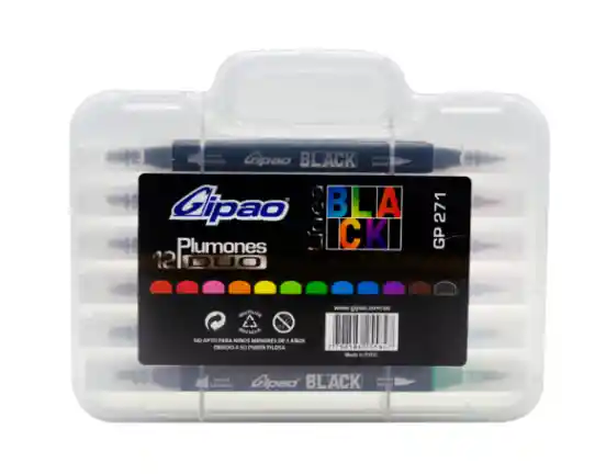 Plumon Gipao Black X12 Doble Punta Pincel Y Punta Bicelada (gp-271)