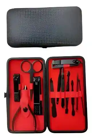 Set Manicure Kit Aseo Personal Profesional Estuche Viajero Color Negro Y Rojo X12 Piezas