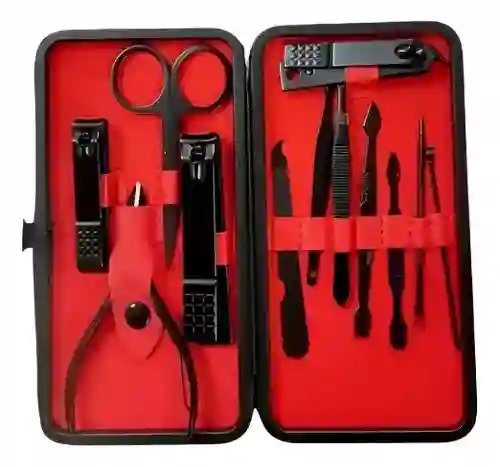 Set Manicure Kit Aseo Personal Profesional Estuche Viajero Color Negro Y Rojo X12 Piezas