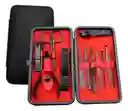 Set Manicure Kit Aseo Personal Profesional Estuche Viajero Color Negro Y Rojo X12 Piezas