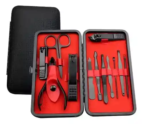 Set Manicure Kit Aseo Personal Profesional Estuche Viajero Color Negro Y Rojo X12 Piezas
