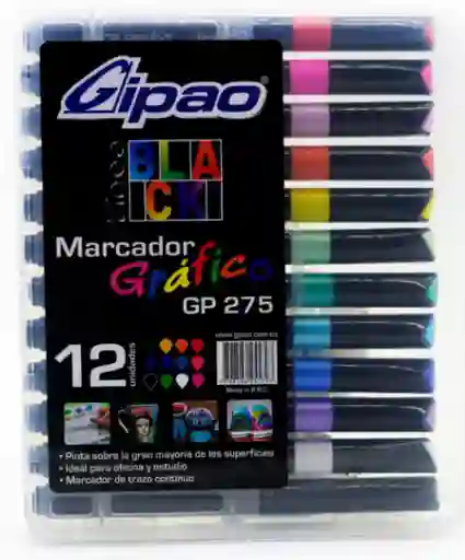 Marcador Gipao Grafico Estuche X12 Colores Linea Black (gp-275)