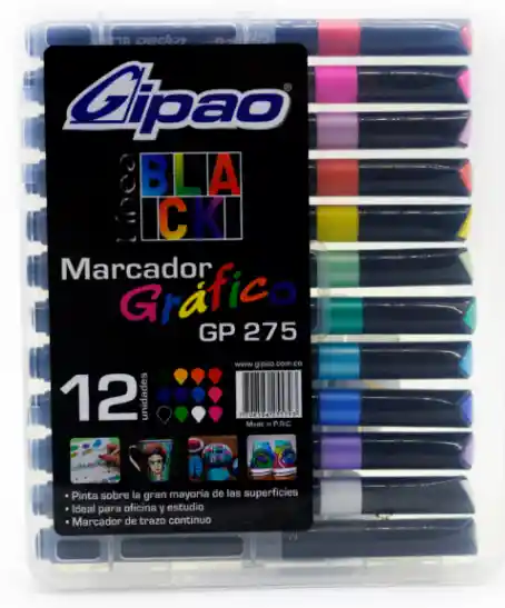 Marcador Gipao Grafico Estuche X12 Colores Linea Black (gp-275)