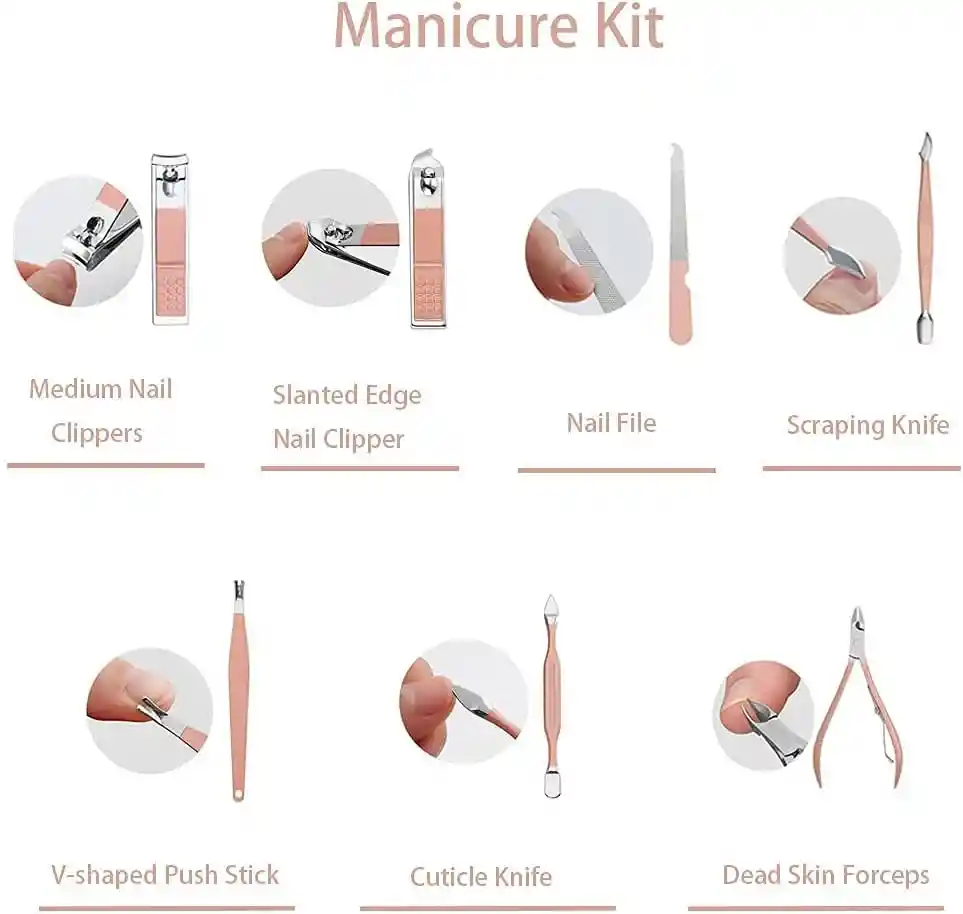 Set Manicure Kit Aseo Personal Profesional Estuche Viajero Color Rosado X18 Piezas