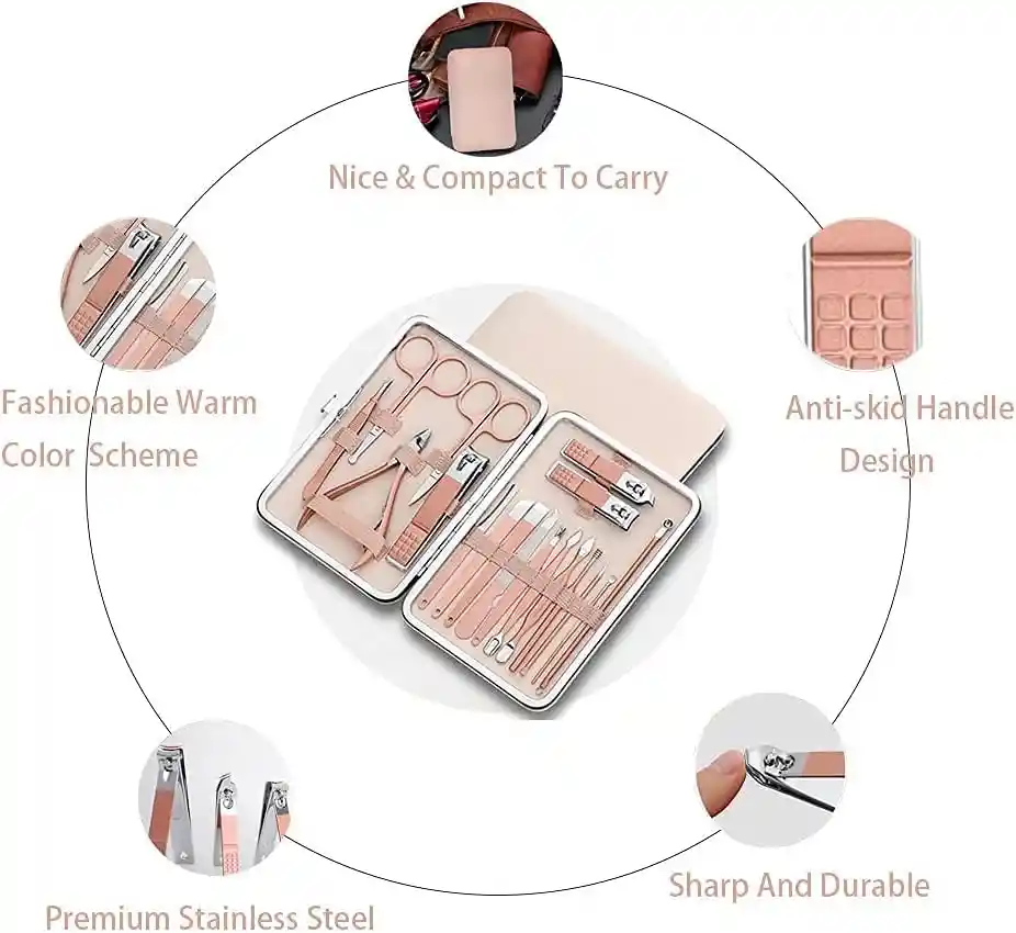 Set Manicure Kit Aseo Personal Profesional Estuche Viajero Color Rosado X18 Piezas
